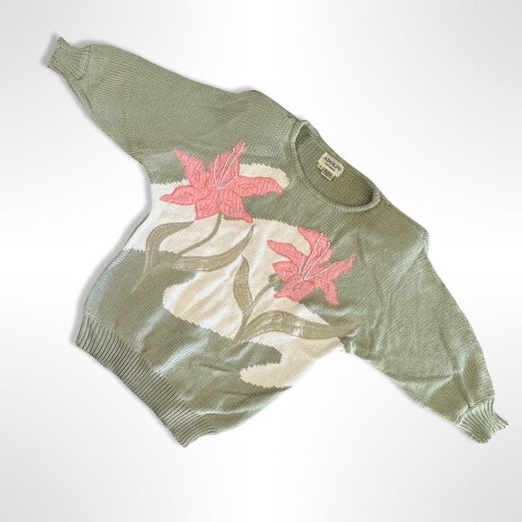 Adolfo Sweaters - Adolfo Collectible, Vintage Pink Tiger Lily Sage Green Knit Spring Sweater, S